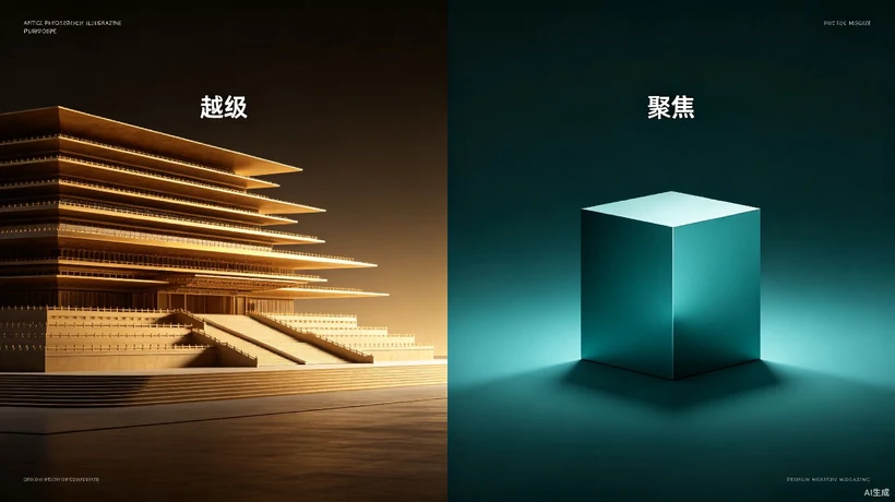 图片展示了“越级”与“聚焦”两种理念。左侧为“越级”，画面呈现一座由木质结构搭建的多层建筑，灯光从上方照射，营造出温暖氛围。右侧为“聚焦”，展示一个蓝绿色的立方体，置于深色背景中，被一束光突出照亮。