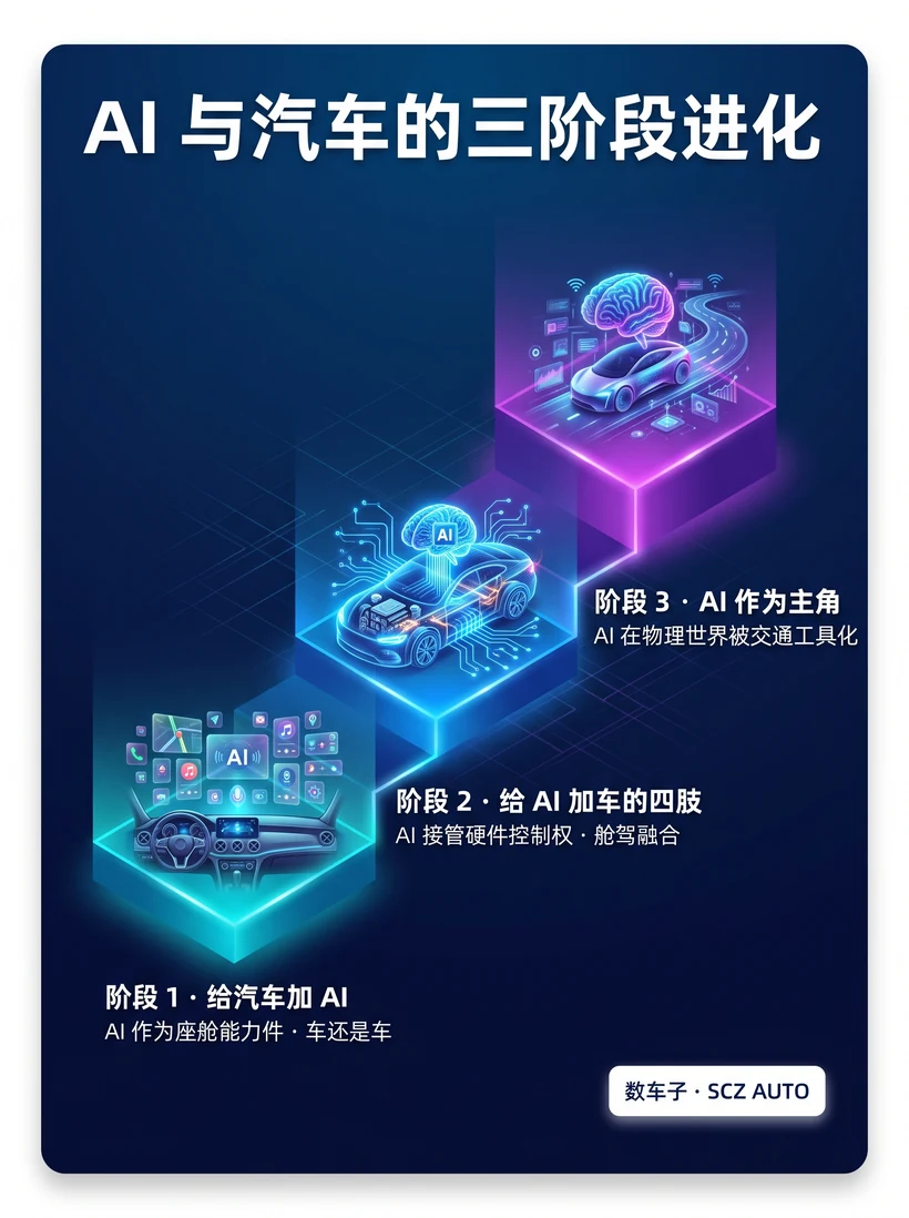 图 A · AI 与汽车的三阶段进化 · 信息图