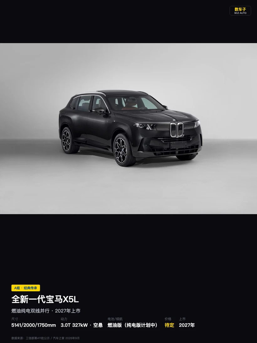 图片展示的是全新一代宝马X5L。车身为黑色，前脸采用宝马家族式设计，配有大尺寸进气格栅和LED大灯。下方配有黑色前唇，两侧配有雾灯。侧面线条流畅，轮毂为多辐式设计。底部配有银色护板。